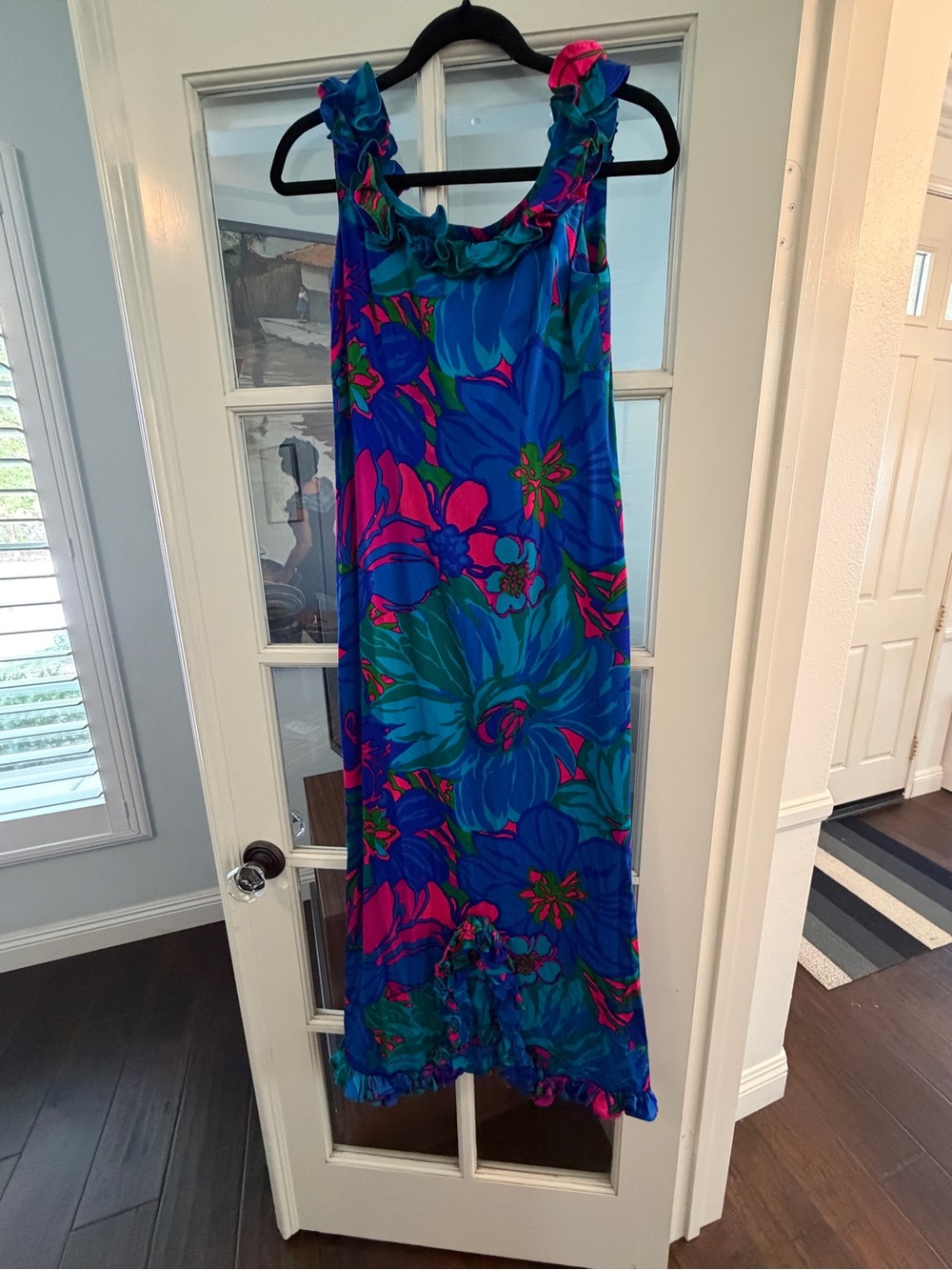 Vintage Andrade Tiki Dress Blue Pink Floral Dress with Ruffled Neckline